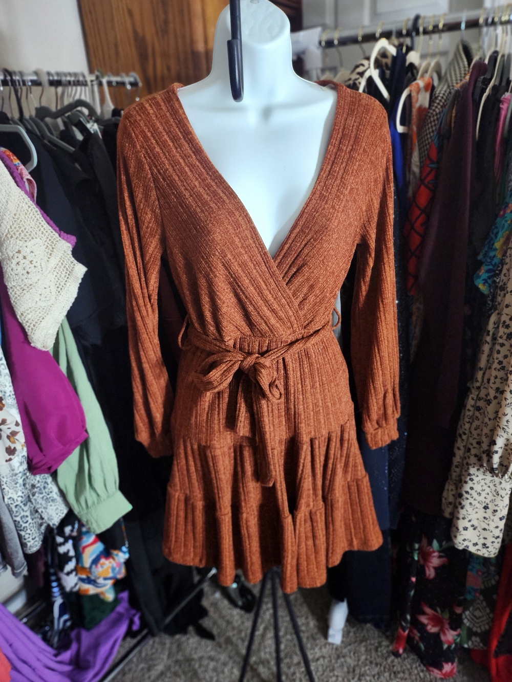 Wrap-Front Long Sleeve Tiered Dress in Rust